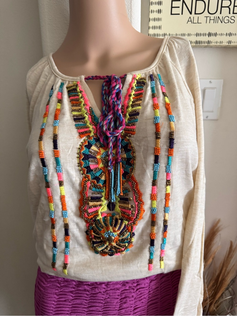 Poof! Embroidered Cream Tunic with Multicolor Beadwork
